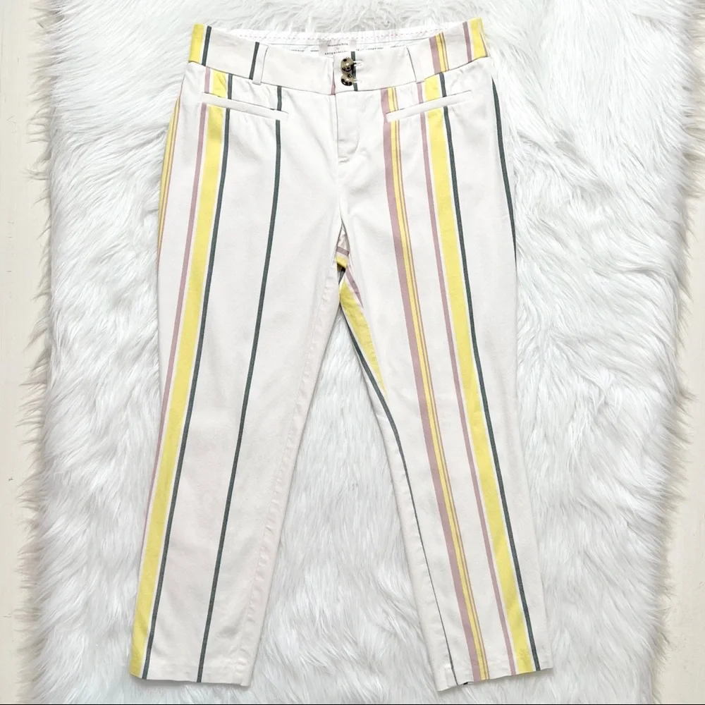 SOLD-Anthropologie Pastel Striped Cream Cropped Straight Trouser Pants - Picture 3 of 9